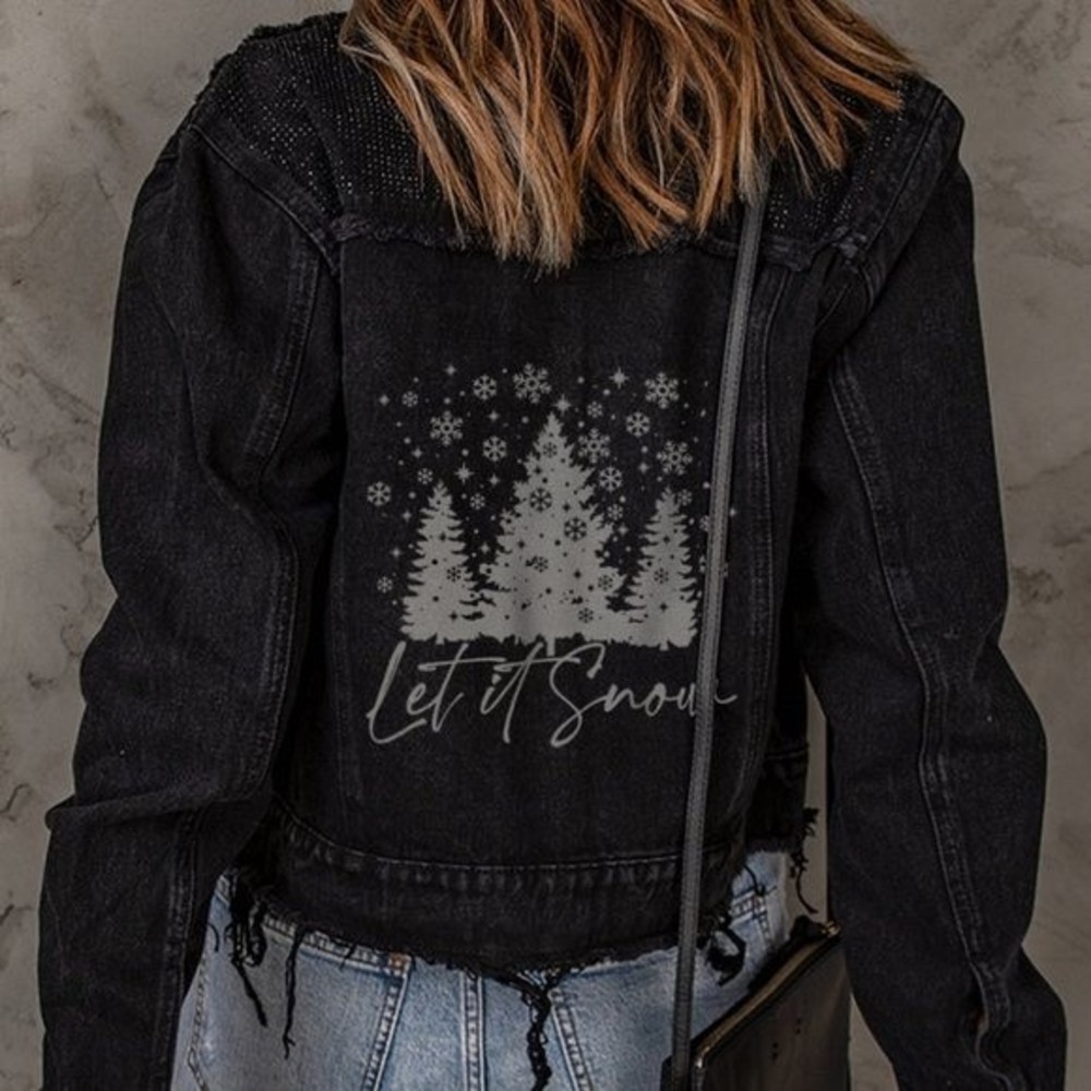 Black Let It Snow Graphic Print Rhinestone Distressed Denim Jackets ORDER FAST